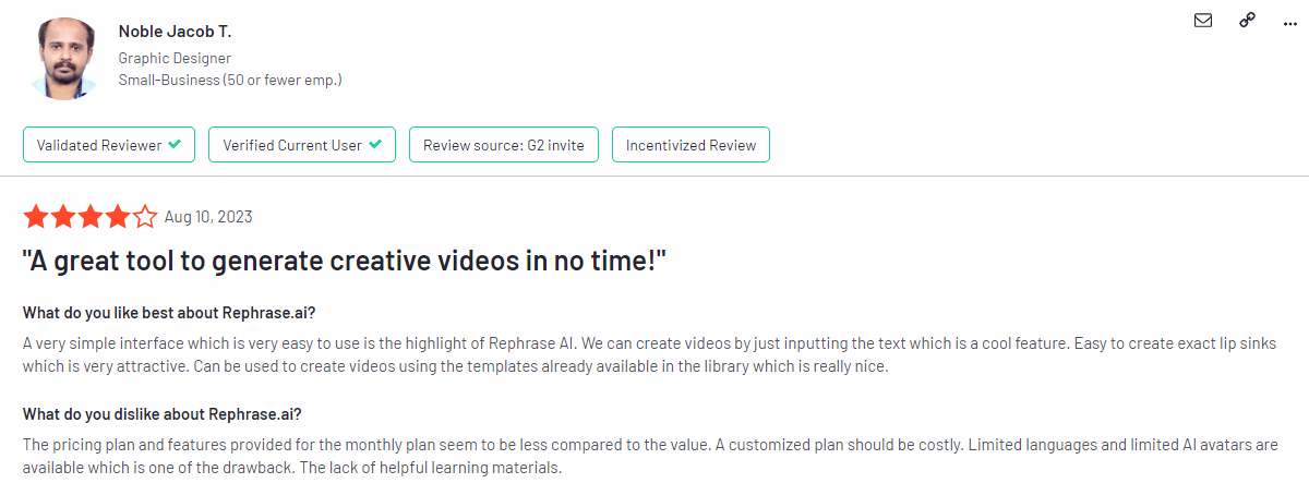 Rephrase AI Synthesia alternative - user reviews