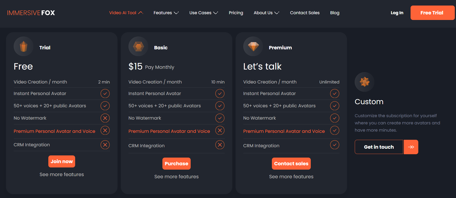Immersive Fox AI video generator - pricing